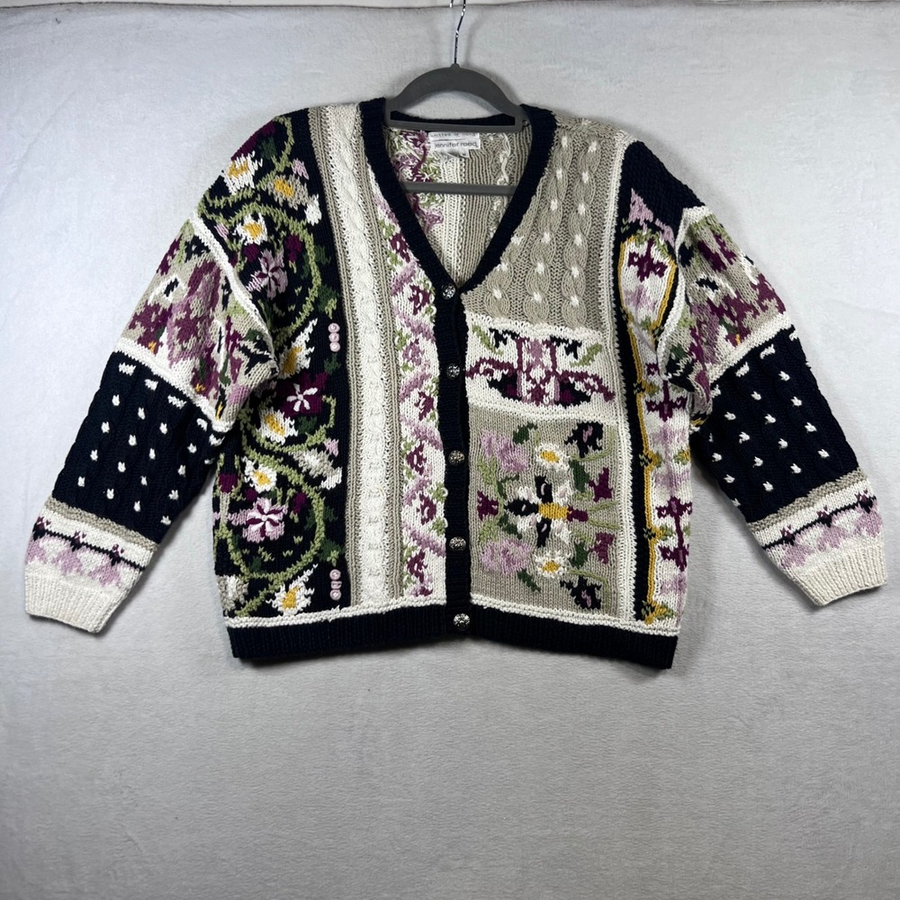 Jennifer Reed Vintage Hand Knitted Floral Patchwork Cardigan Sweater Womens Med